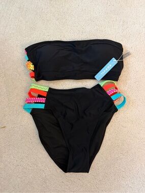 Popvil Brand Black Bandeau Bikini Set with Neon Strap Accents